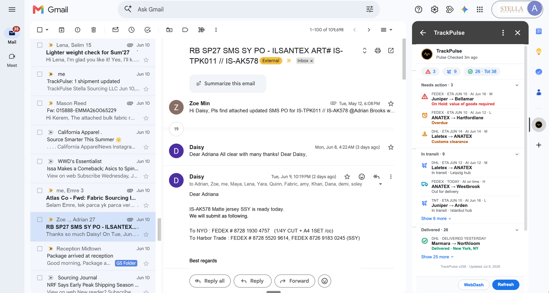 TrackPulse sidebar in Gmail showing two delivered shipments and three new tracking numbers auto-detected from an opened purchase order email