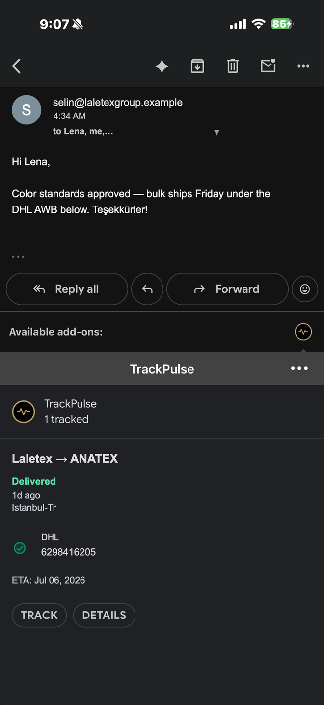 TrackPulse on iPhone auto-tracking a DHL shipment from an opened email