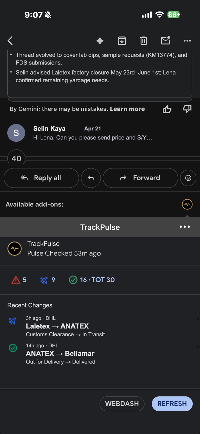 TrackPulse inside a Gmail thread on iPhone, showing recent shipment changes